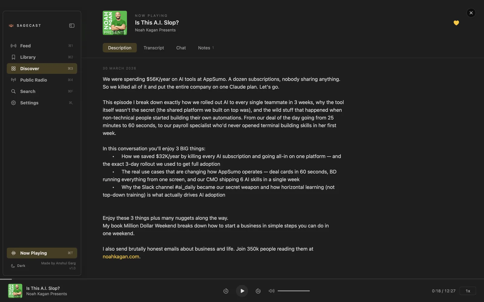 Now Playing — description tab