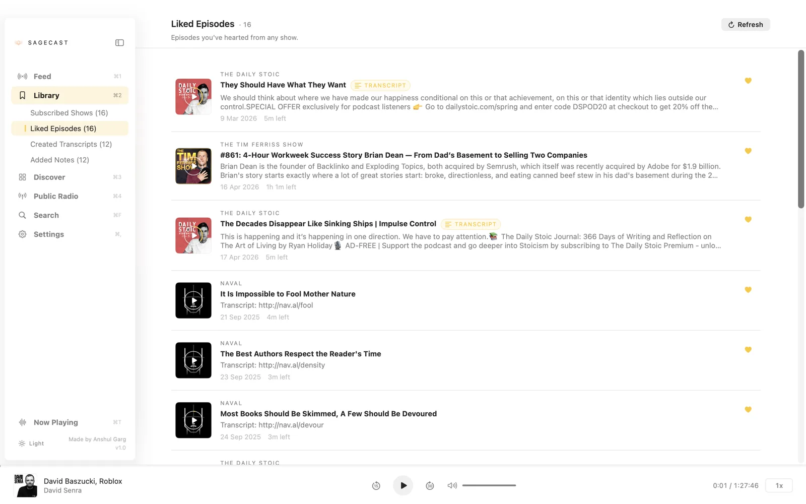 Liked episodes in Library