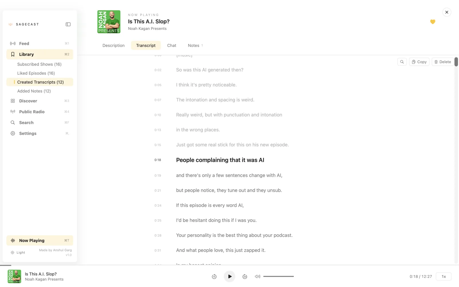 Transcript tab with timestamped lines