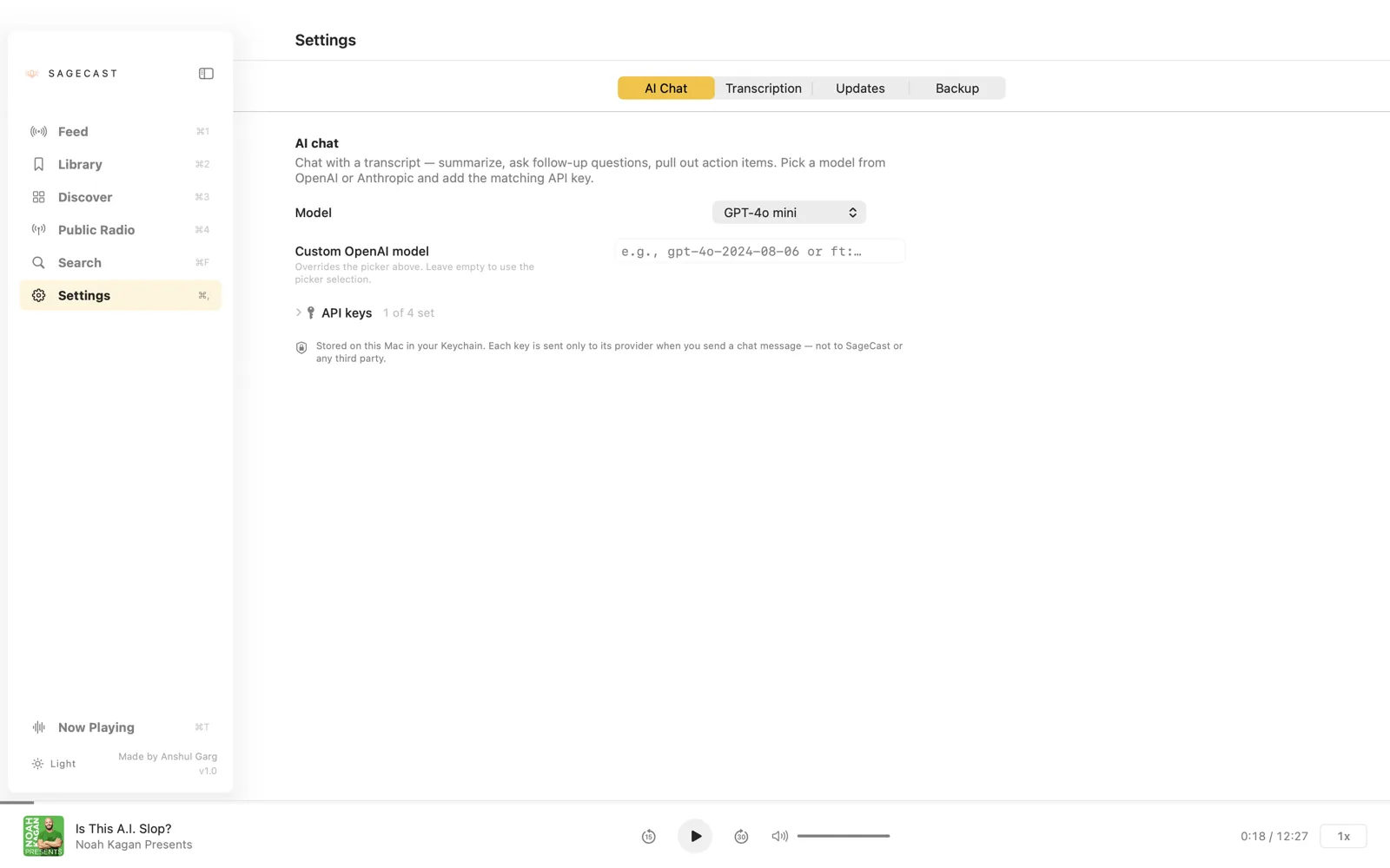 Settings — AI Chat tab with multiple providers